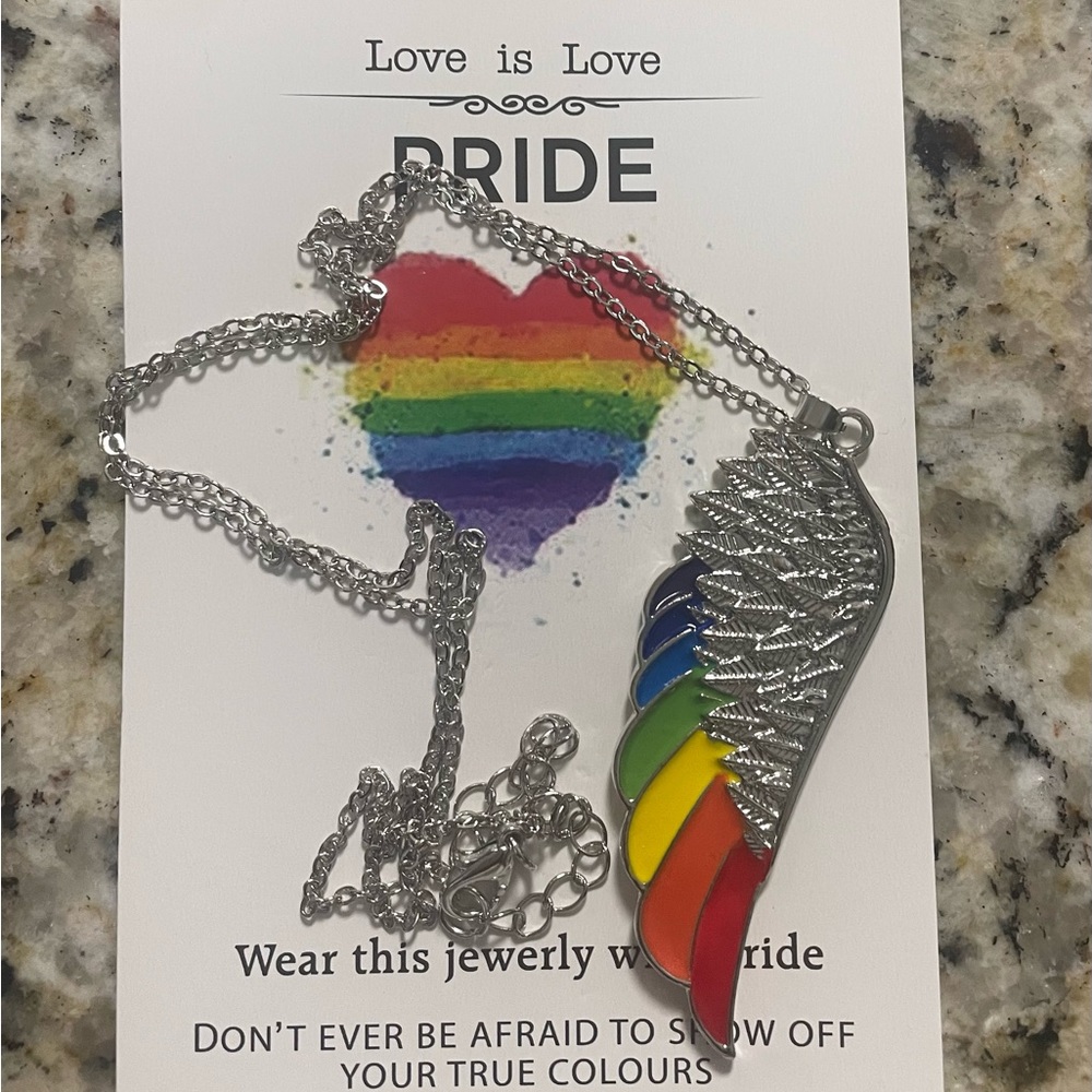 Pride rainbow wing feather pendant necklace
